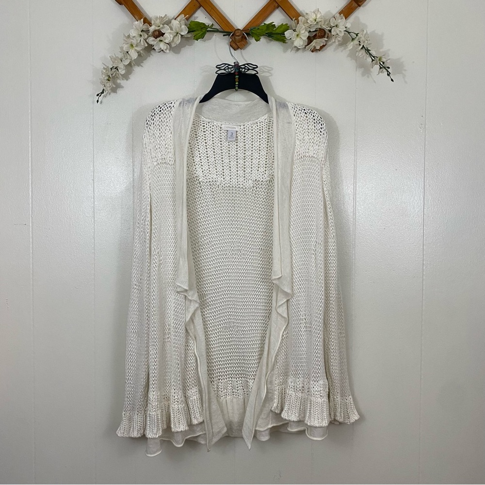 Chico’s sz:3 Off-White Knit Cardigan Ruffle Sleeve Distressed Style - Picture 11 of 14
